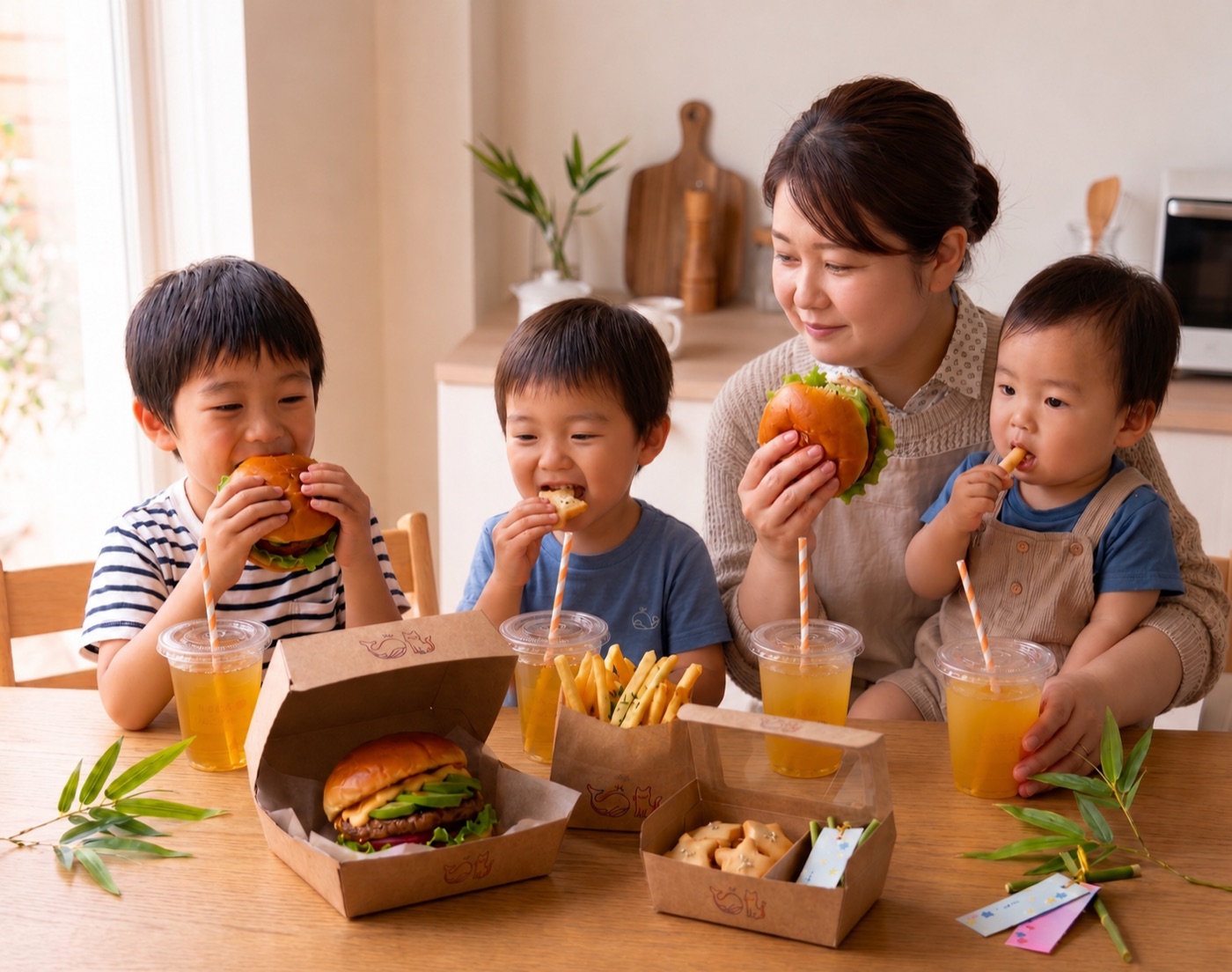 家族みんなでバーガーを頬張って笑顔